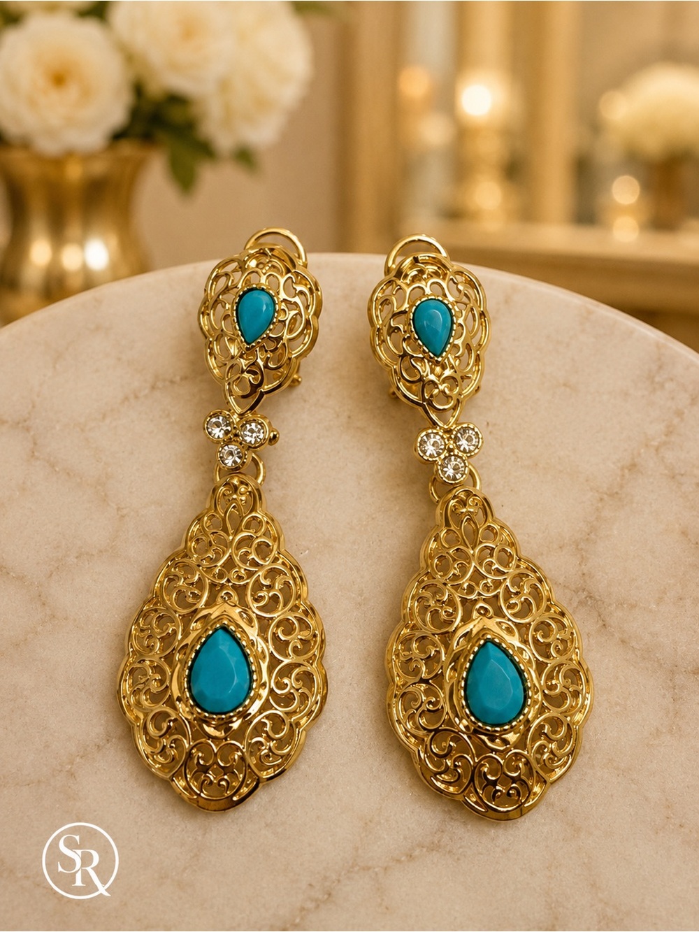 Turquoise Acrylic Multi-Strand Choker Necklace & Drop Earrings Statement Set - Picture 4 of 7